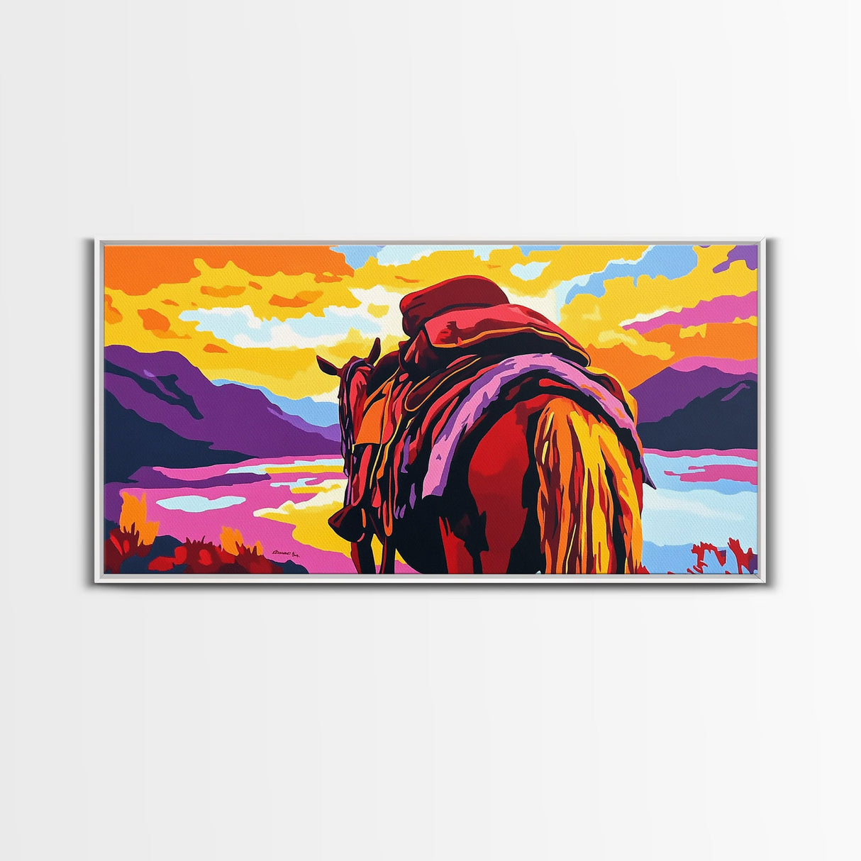 Pack horse, rugged adventure, cowboy aesthetic, mountain sunset, rustic decor, extra wide art, nostalgic western, framed canvas print