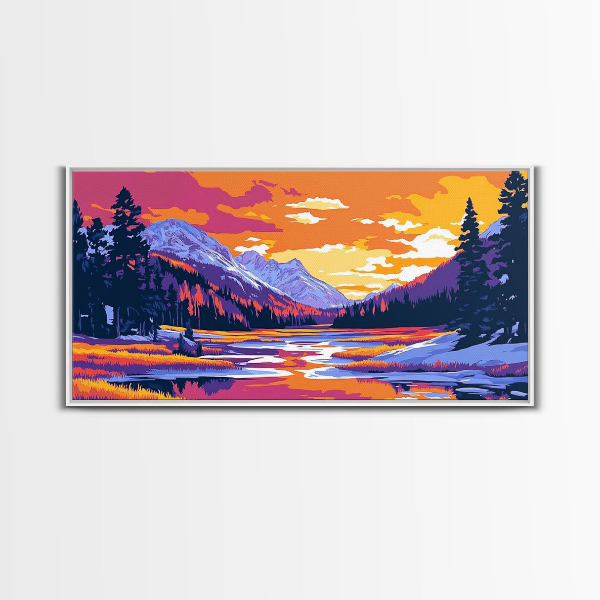 Lake Tahoe Art, mountain painting, scenic sunset print, southwest wall art, panoramic art, extra wide art, framed canvas print