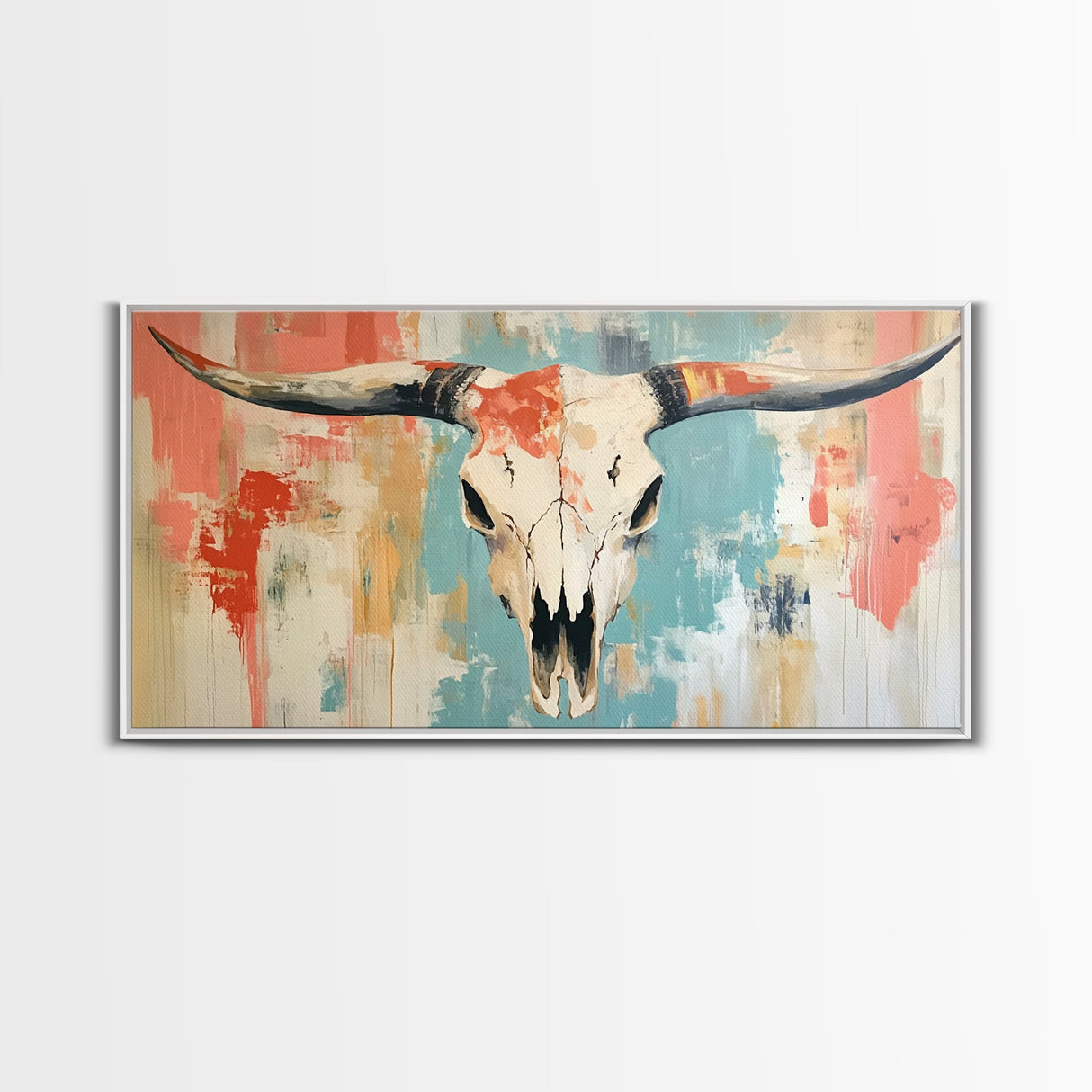 Longhorn Skull Art, southwest wall art, boho art, rustic decor, skull art, extra wide art, wabi sabi art, framed canvas print, farmhouse art