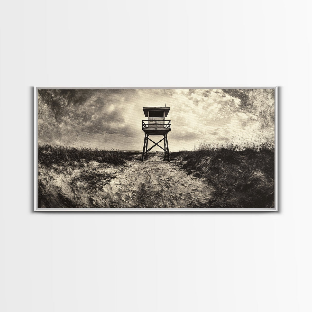 Lifeguard Tower, Coastal Landscape Art, Wabi Sabi Art, Rustic Decor, Moody Art, Nautical Wall Art, Canvas Print