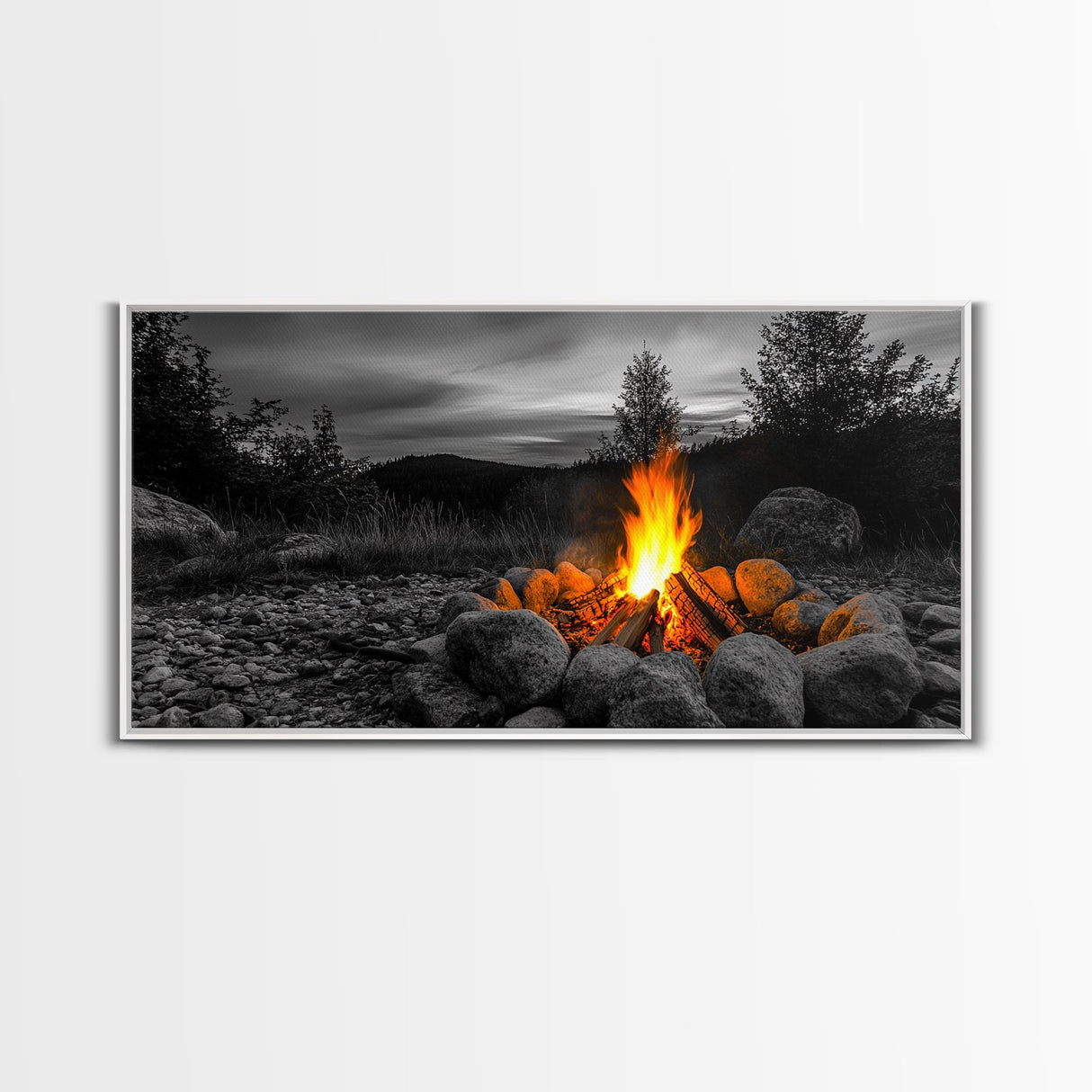 Rustic Campfire Art Framed Canvas Print | Moody Art | Cozy Cabin Wall Art | Above Couch Art | Warm Fireplace Decor | Gift Idea | Fall Wall Art