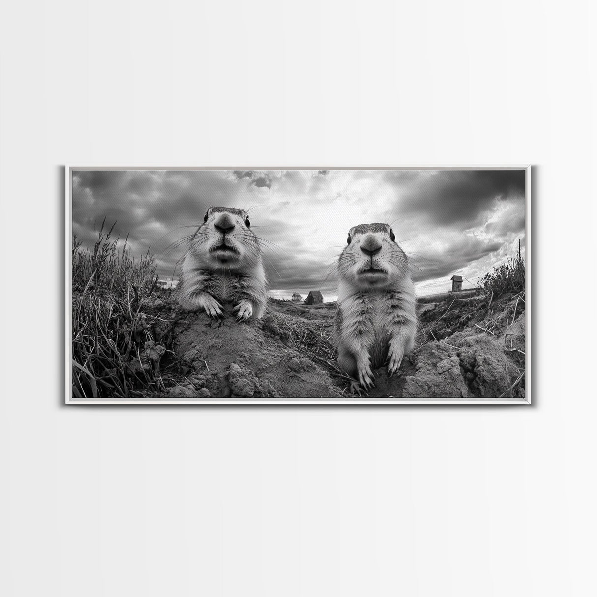 Prairie dogs, whimsical art, rustic wall art, farmhouse art, nature painting, extra wide art, above couch art, framed canvas print