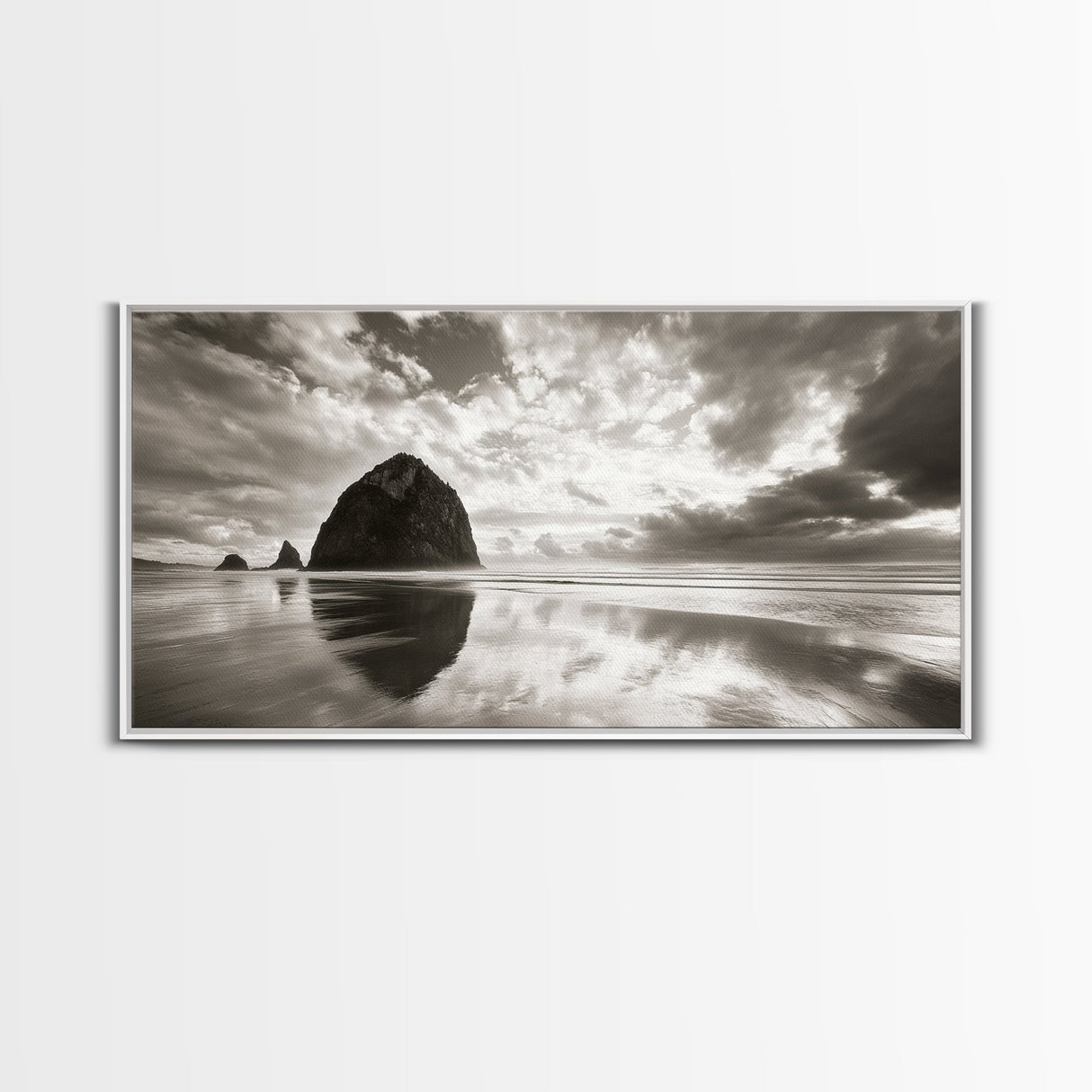 Coastal, seascape, moody art, ocean view, nautical wall art, panoramic painting, extra wide art, above bed wall art, framed canvas print