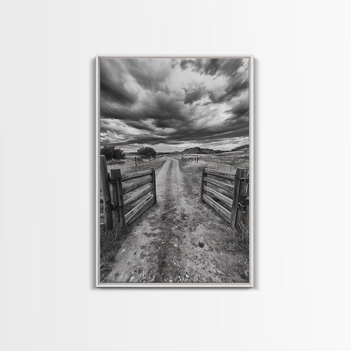 Open Ranch Gate, southwest wall art, moody art, western home decor, rustic art, farmhouse painting, framed canvas print, cowboy aesthetic