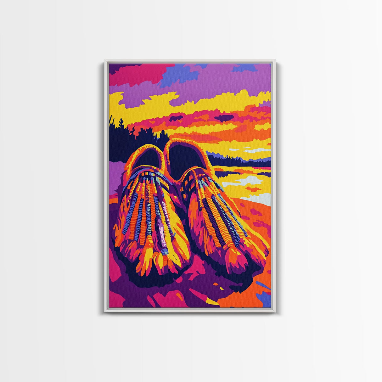 Beaded Moccasins Art, Southwest Wall Art, Pink Orange Wall Art, Boho Western Art, Framed Canvas Print, Rustic Home Decor