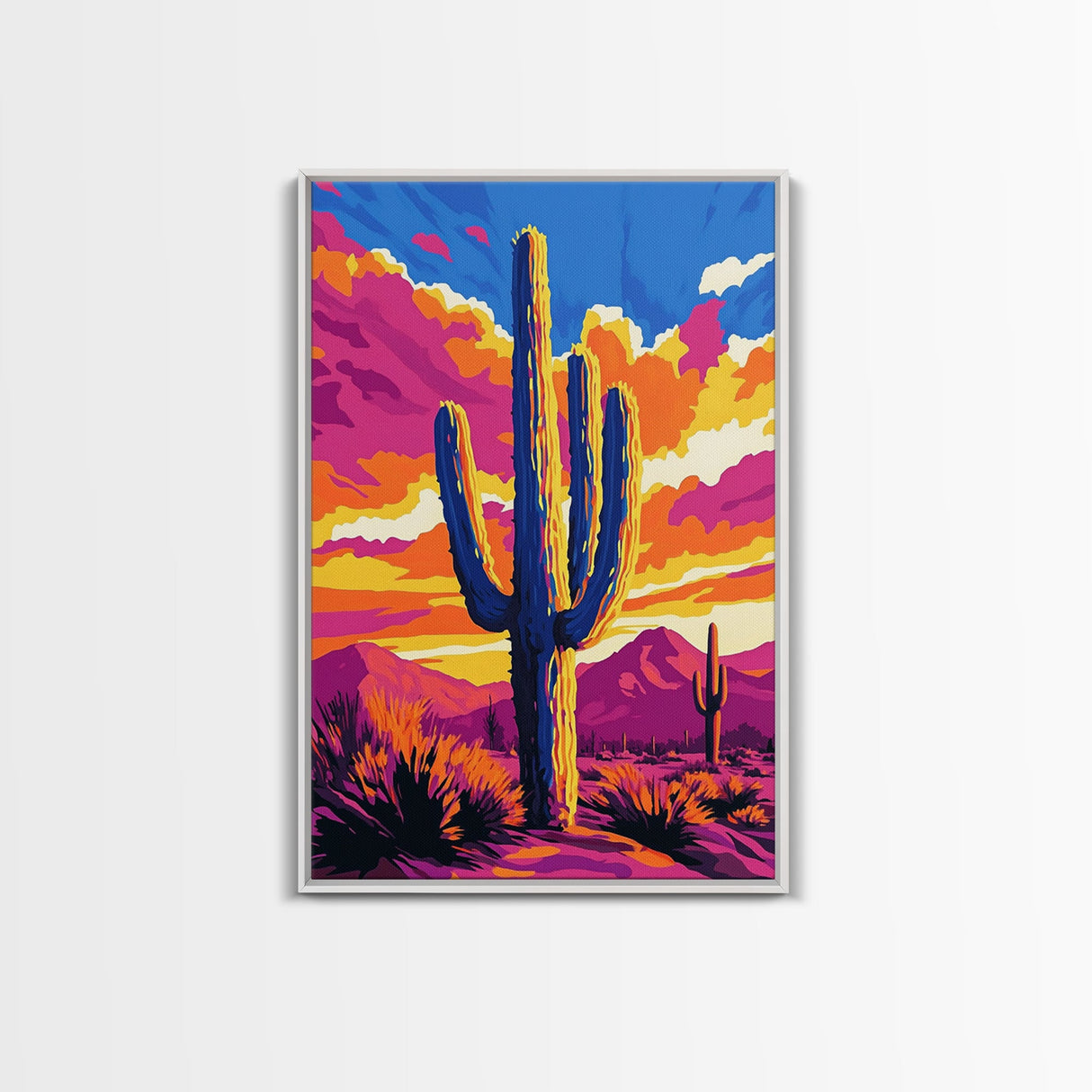 Southwest Cactus Art, Desert Wall Decor, Pink Orange Wall Art, Bold Sunset Art, Framed Canvas Print, Gift Idea, Rustic Wall Art