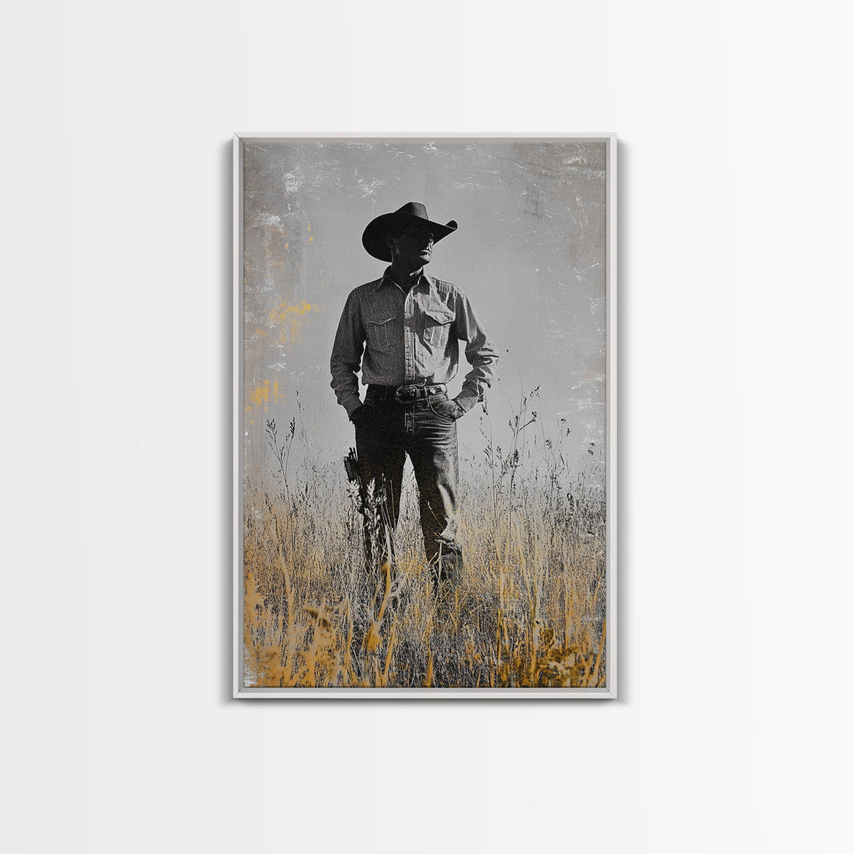 Lone Cowboy, Rustic Art, Western Wall Art, Wabi Sabi Art, Vintage Horse Art, Moody Art, Canvas Print, Framed Cowboy Painting