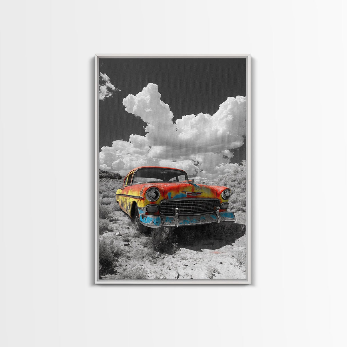 Vintage Car, Custom Car Painting, Graffiti Wall Art, Rustic Art, Old Car Scene, Moody Art, Framed Canvas Print, Landscape Art
