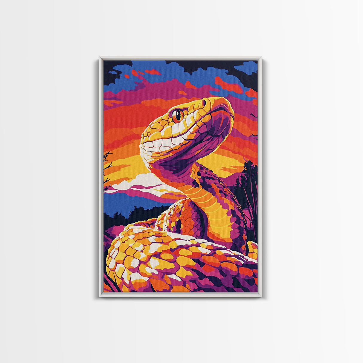 Rattlesnake Sunset, Bold Snake Art, Vibrant Southwest Decor, Wildlife Art, Nature Painting, Canvas Print, Living Room Art