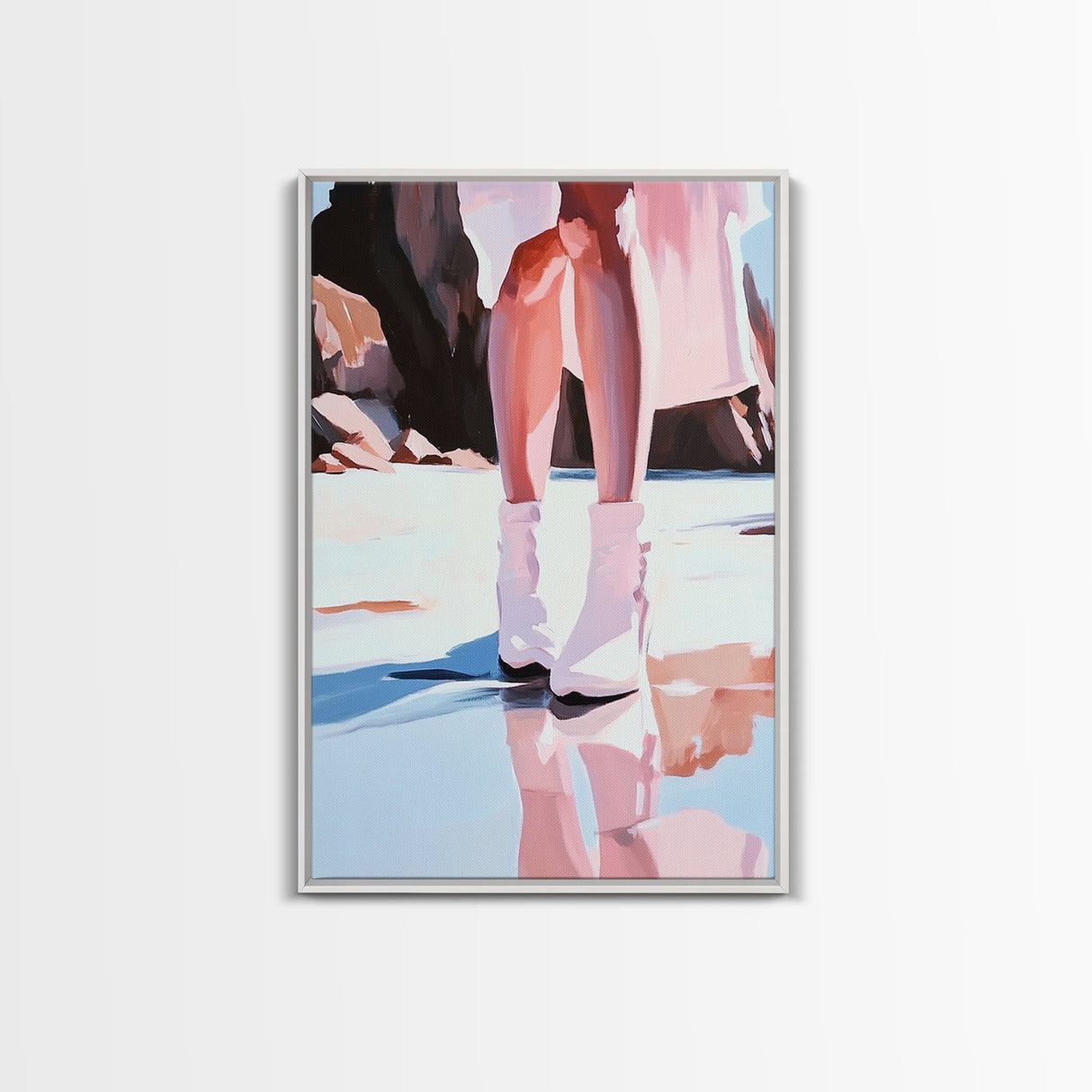 Woman at Beach, Coastal Art, Light Pink Wall Art, Boho Art, Minimalist Painting, Nautical Decor, Framed Canvas Print, Gift Idea