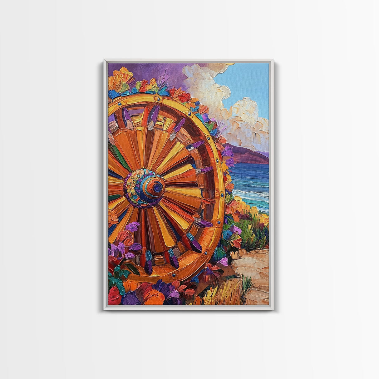 Wagon Wheel Art, Wildflower Painting, Rustic Wall Art, Framed Canvas Print, Boho Aesthetic, Southwest Decor, Farmhouse Art, Gift Idea