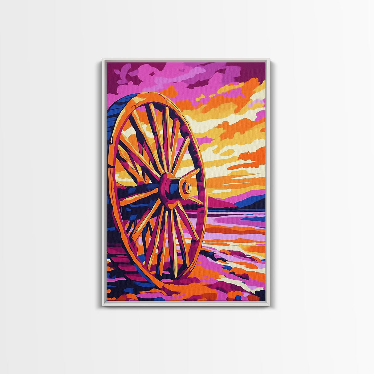 Sunset Wagon Wheel, Bold Color Painting, Southwest Wall Art, Framed Canvas Print, Rustic Decor, Western Aesthetic, Extra Wide Art, Gift Idea