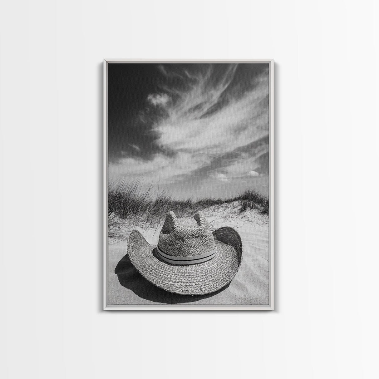 Straw Hat, coastal cowgirl wall art, wabi sabi art, beach photography, western decor, rustic art, framed canvas print, minimalist art