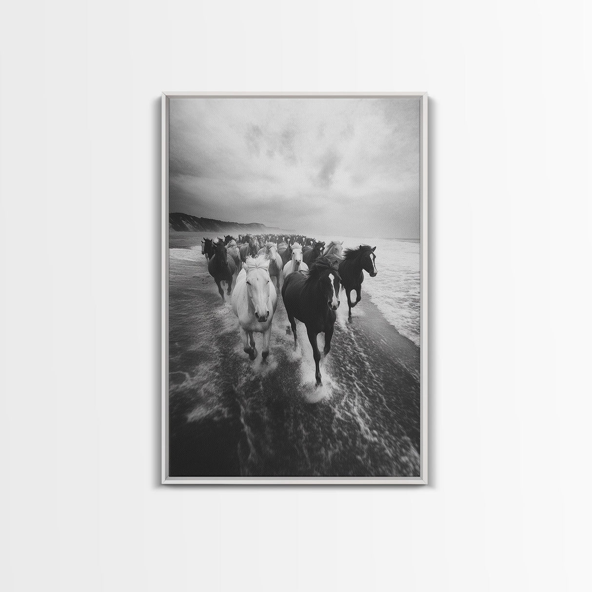 Horse wall art, wild mustangs, moody art, rustic decor, nature photography, black and white art, panoramic art, canvas print, living room art