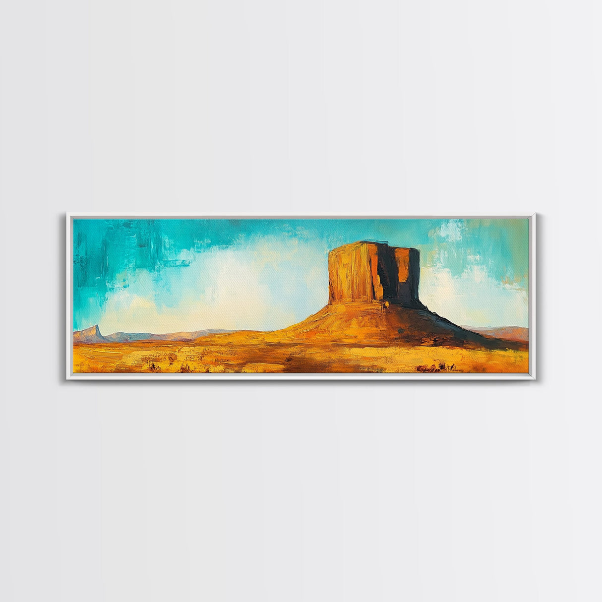 Monument Valley, southwest wall art, mountain painting, rustic wall art, blue and green wall art, extra wide art, Canvas Print