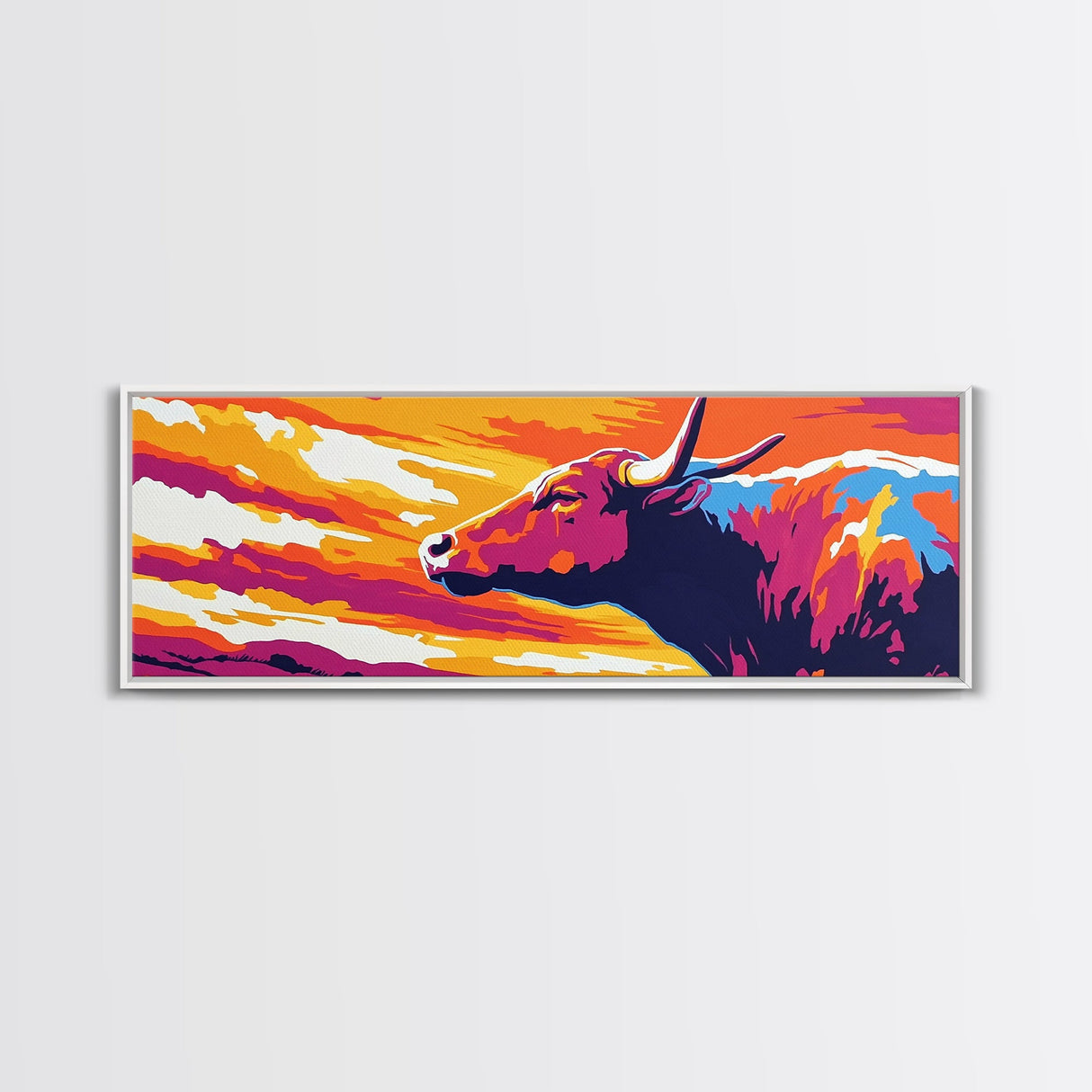 Sunset Bull, bull art, southwest wall art, pink orange wall art, extra wide art, rustic decor, Canvas Print