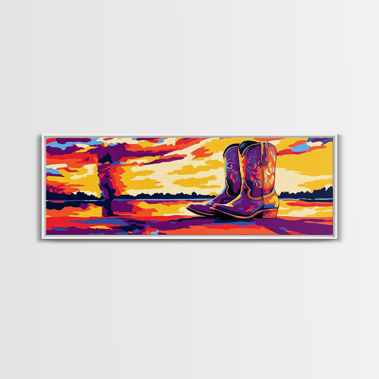 Cowboy Boots Art, Pink Orange Wall Art, Coastal Cowgirl Wall Art, Framed Canvas Print, Western Decor, Extra Wide Art, Rustic Art