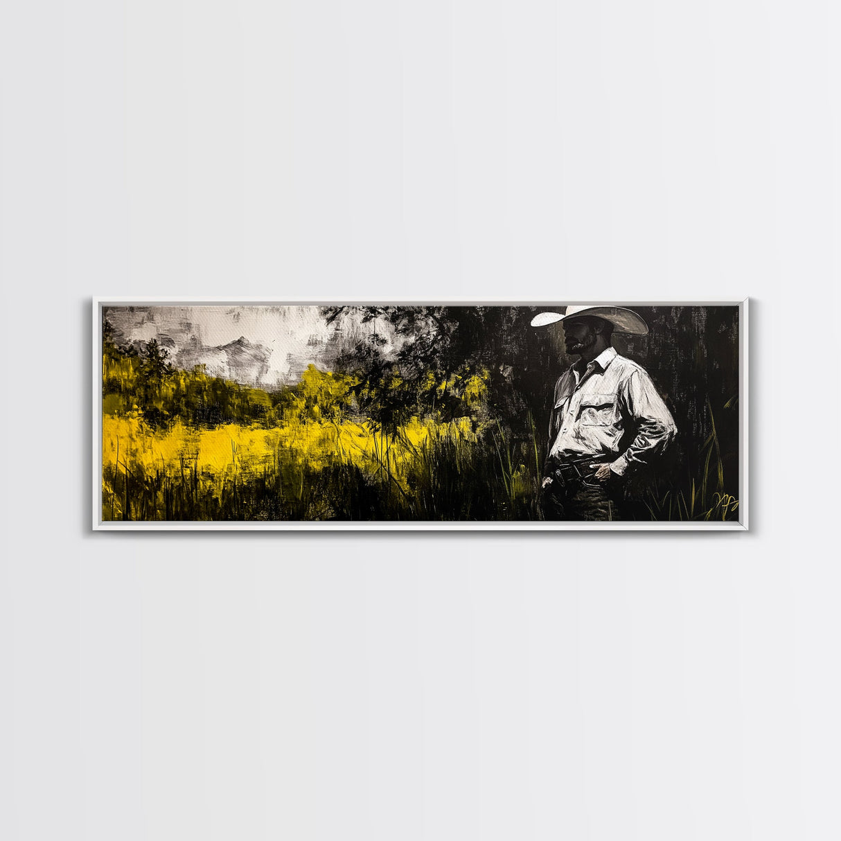 Cowboy in Field, Rustic Wall Art, Farmhouse Art, Canvas Print, Vintage Horse Art, Extra Wide Art, Moody Art, Wabi Sabi Art