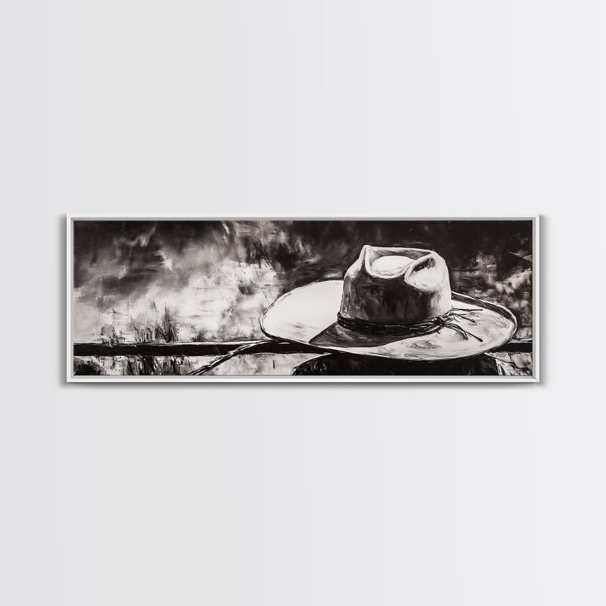 Western Hat Art, Black and White Art, Framed Canvas Print, Rustic Wall Art, Wabi Sabi Art, Extra Wide Art, Minimalist Art