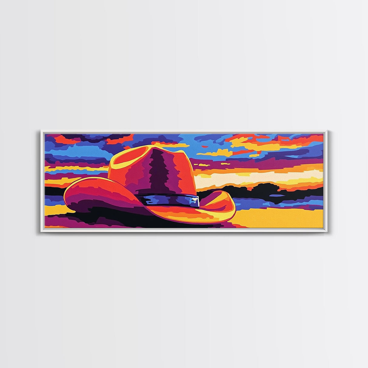 Western Sunset Art, cowboy hat painting, rustic wall art, southwest wall art, extra wide art, framed canvas print, panoramic painting