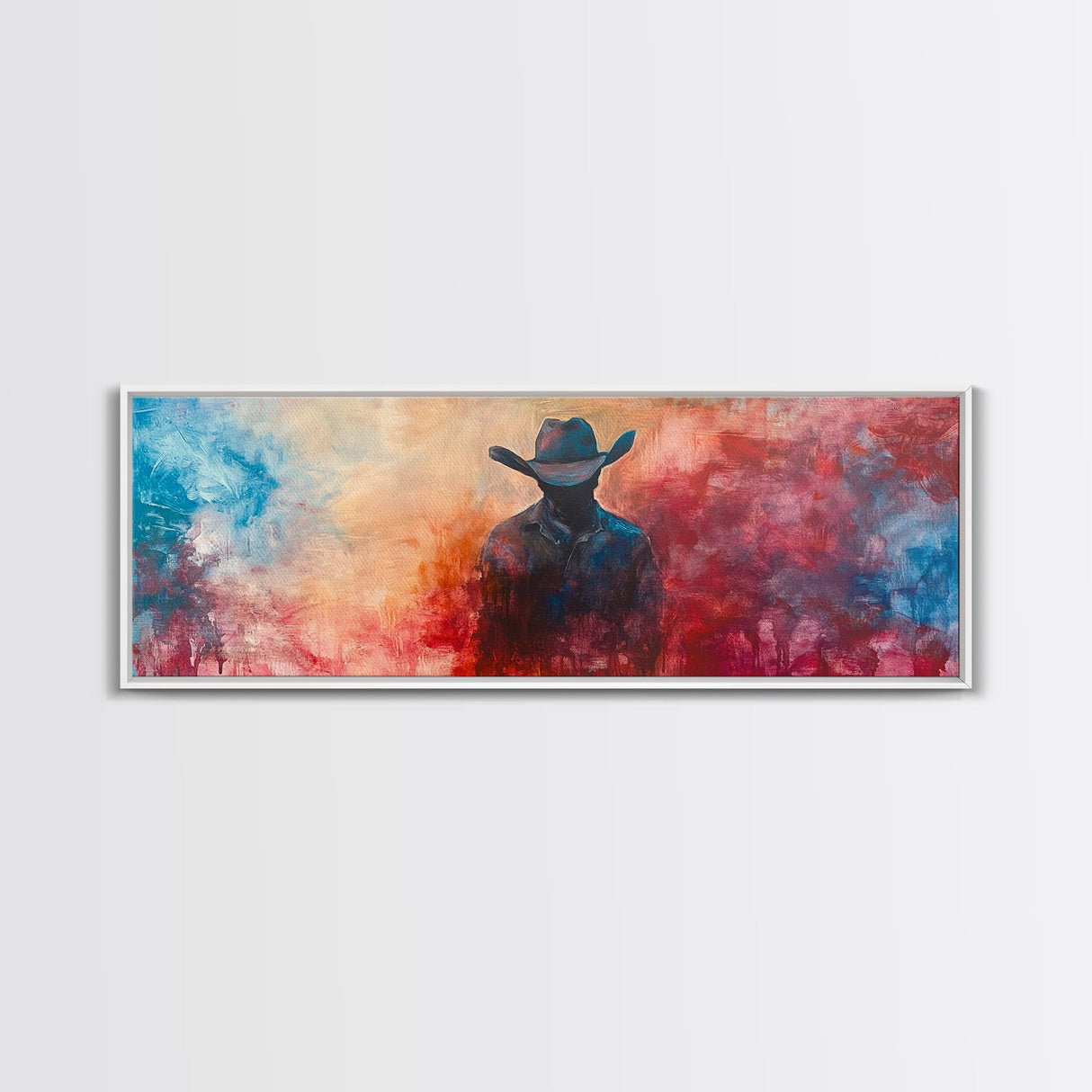 Moody Cowboy Art, dark romance painting, rustic wall art, southwest wall art, extra wide art, framed canvas print, panoramic painting