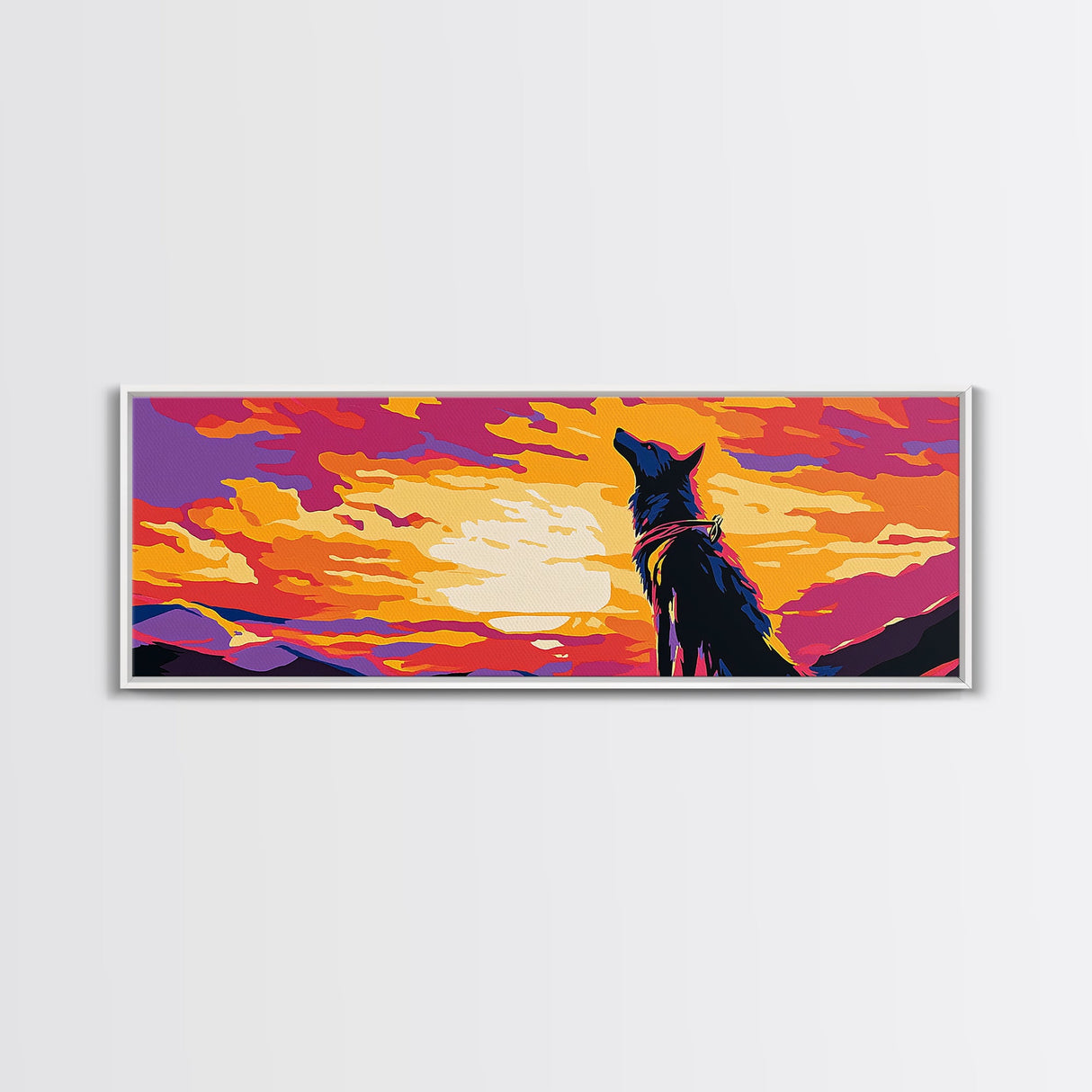 Colorful Wolf Art, sunset animal painting, moody art, pink orange wall art, extra wide art, framed canvas print, panoramic painting