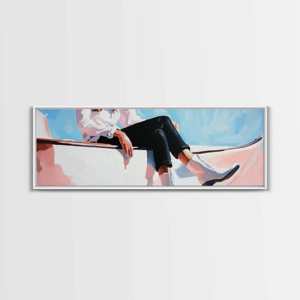 Coastal cowgirl, beach aesthetic, nautical decor, minimalist art, pastel painting, extra wide art, framed canvas print, surf wall art