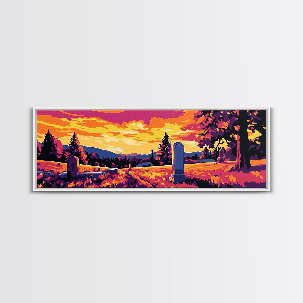 Western Graveyard, cowboy art, gothic painting, southwest wall art, dark angels wall art, extra wide moody art, framed canvas print