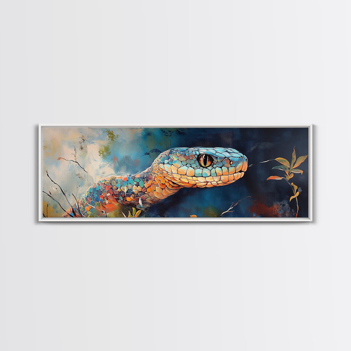 Vibrant Snake Painting, reptile wall art, wildlife decor, moody art, sacred geometry wall art, framed canvas print, extra wide art