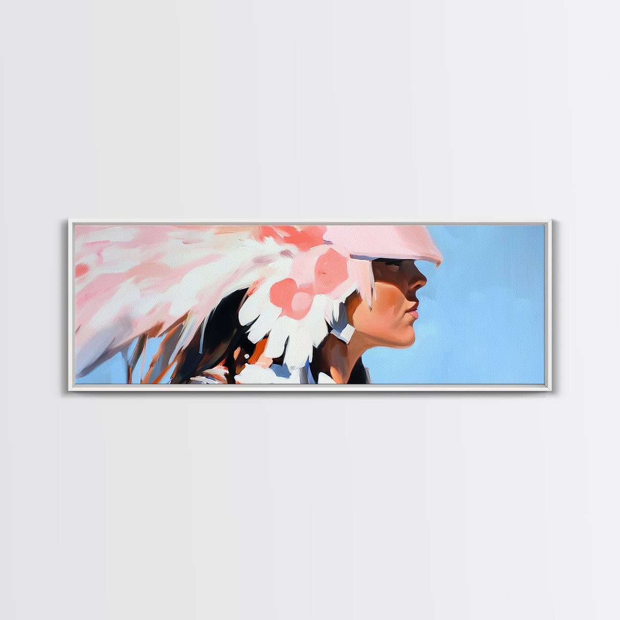 Pink Headdress, modern portrait, southwest wall art, moody art, framed canvas print, light pink wall art, gift idea for her