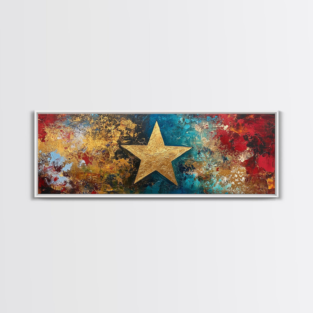 Golden Star, abstract art, bold colors, textured wall art, framed canvas print, mosaic wall art, extra wide art, above couch art