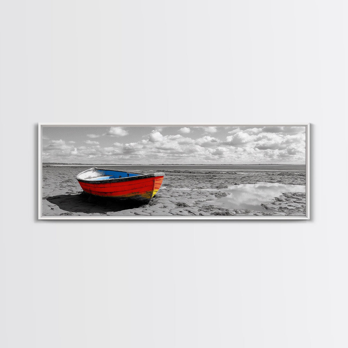 Stranded Boat, Coastal Landscape Art, Nautical Decor, Rustic Wall Art, Extra Wide Art, Panoramic Art, Framed Canvas Print, Gift Idea