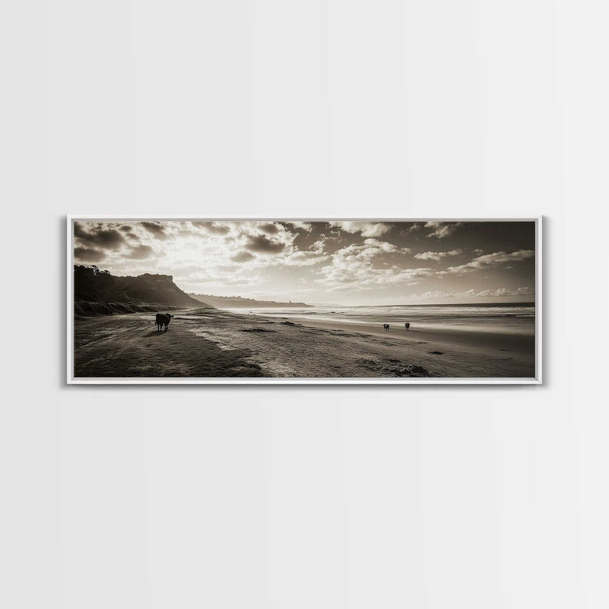 Cattle On Beach, Wabi Sabi Art, Framed Canvas Print, Coastal Landscape Art, Rustic Decor, Extra Wide Art, Moody Art, Minimalist Art