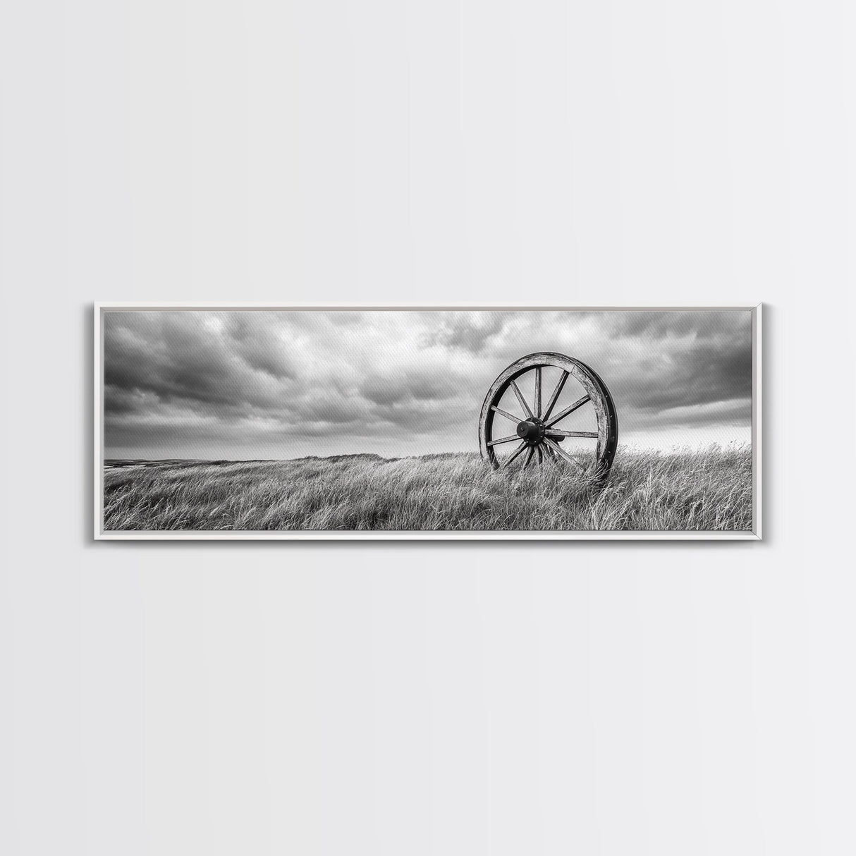 Wagon Wheel, rustic decor, farmhouse art, extra wide art, panoramic painting, country decor, cowboy art, framed canvas print, moody art