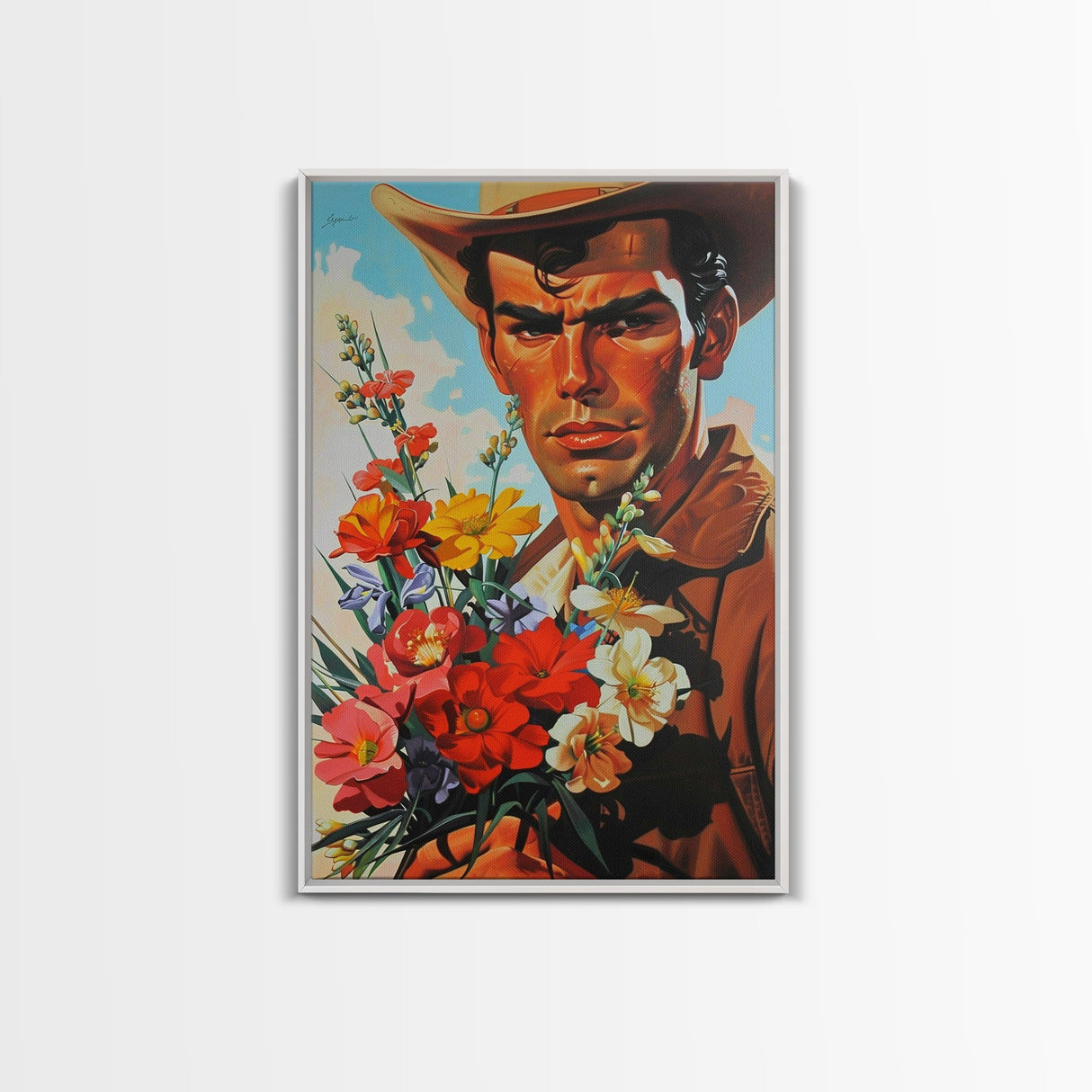 Cowboy with Bouquet of Flowers - Framed Canvas Print, Western Living Room Art, Rustic Bedroom Decor, Americana Art, Wall Art