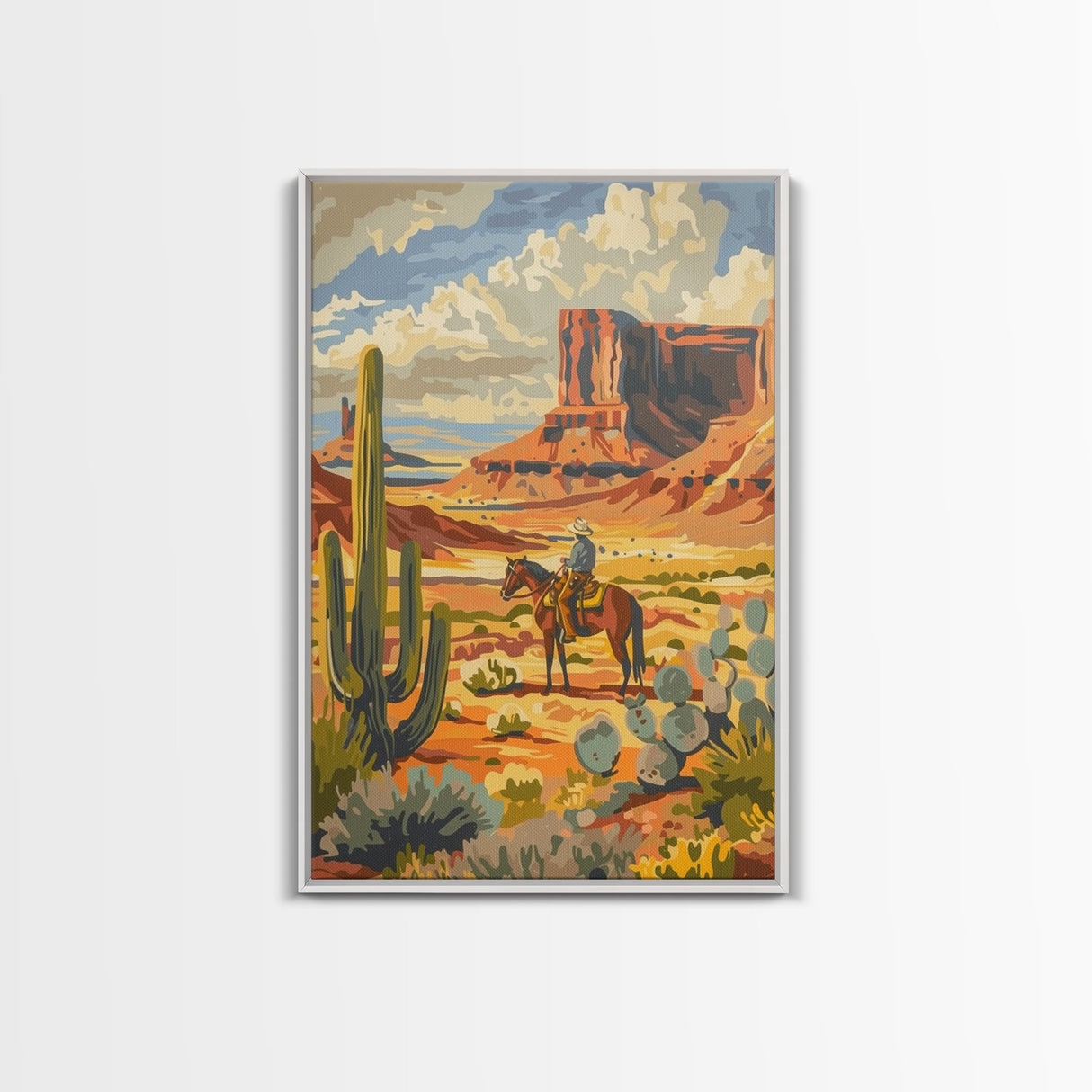Desert Cowboy Riding Through Cactus - Framed Canvas Print, Western Landscape Art, Southwestern Wall Art for Home Decoration
