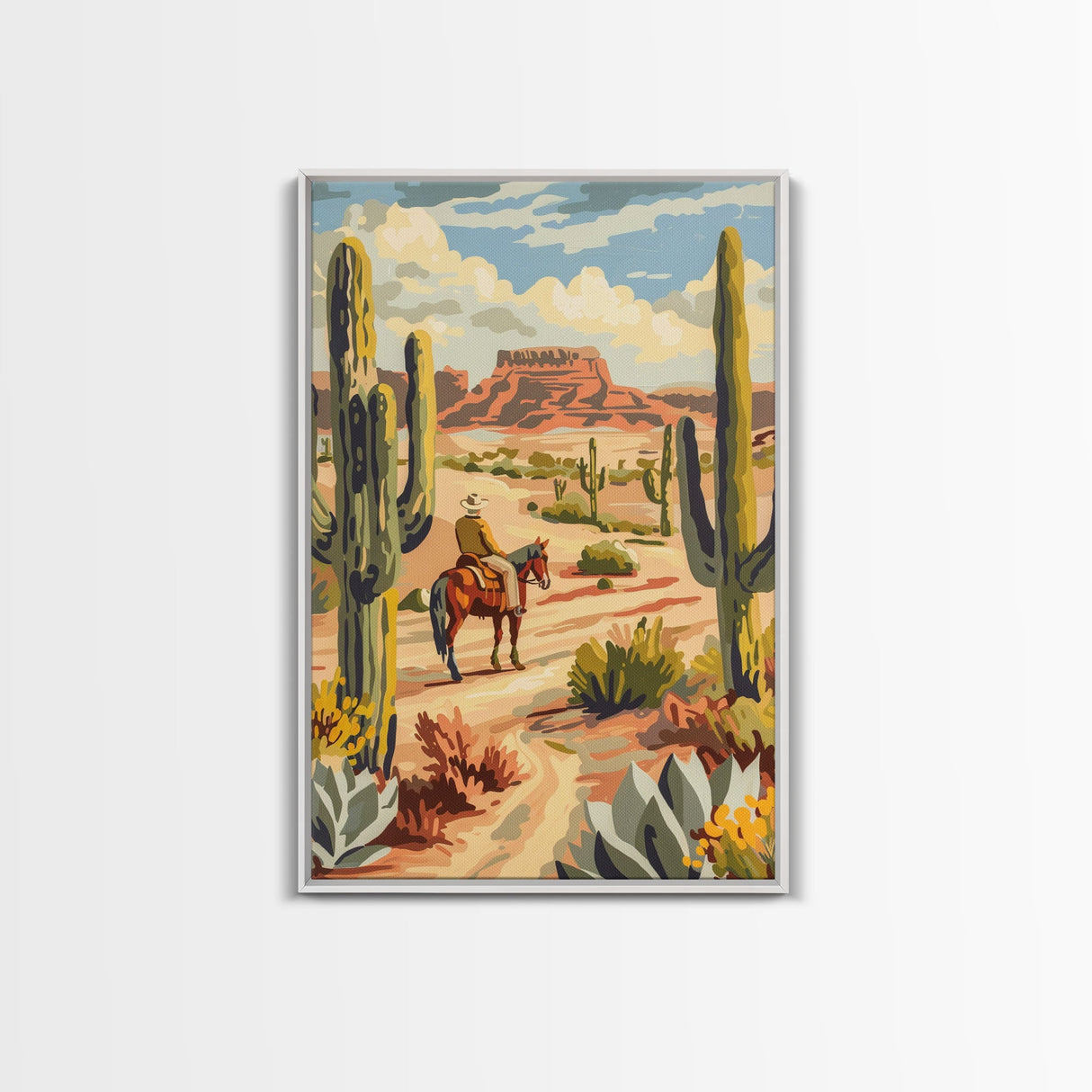 Cowboy Riding in Desert Landscape with Cacti - Framed Canvas Print, Western Art, Southwestern Decor, Desert Scene Wall Art for Home