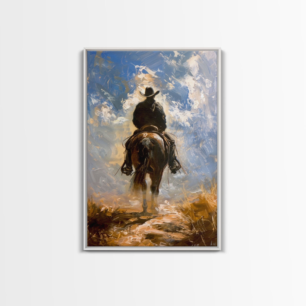 Cowboy Silhouette Riding Through the Plains - Framed Canvas Print, Western Art, Rustic Decor, Living Room Wall Art, Cowboy Themed Art