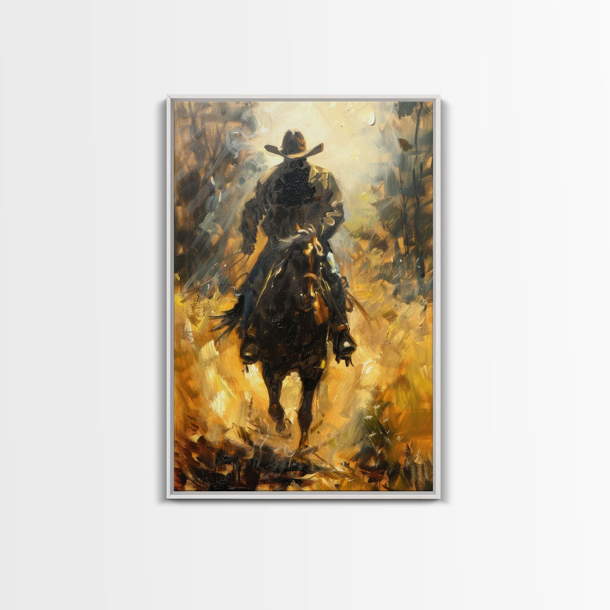 Cowboy Riding Horse into the Distance - Framed Canvas Print, Western Art, Rustic Decor, Living Room Wall Art, Cowboy Themed Art