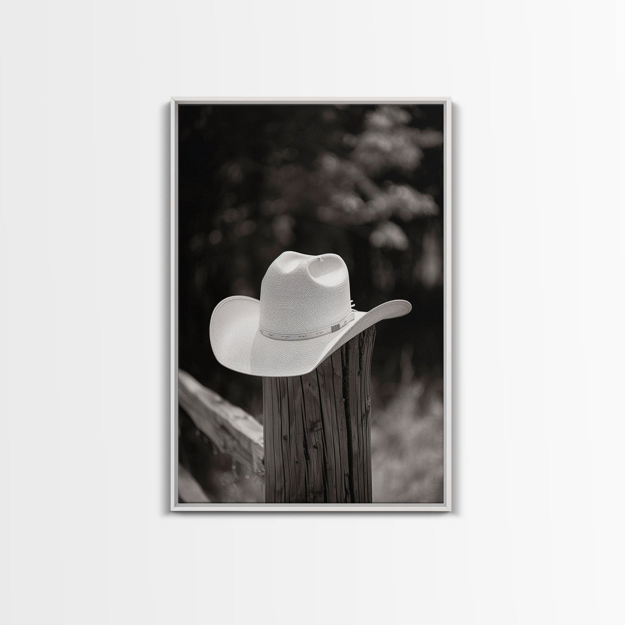 Cowboy Hat on a Wooden Fence Post in Rustic Black and White Photography for Western Home Decor, Canvas Prints, Wall Art for Living Room