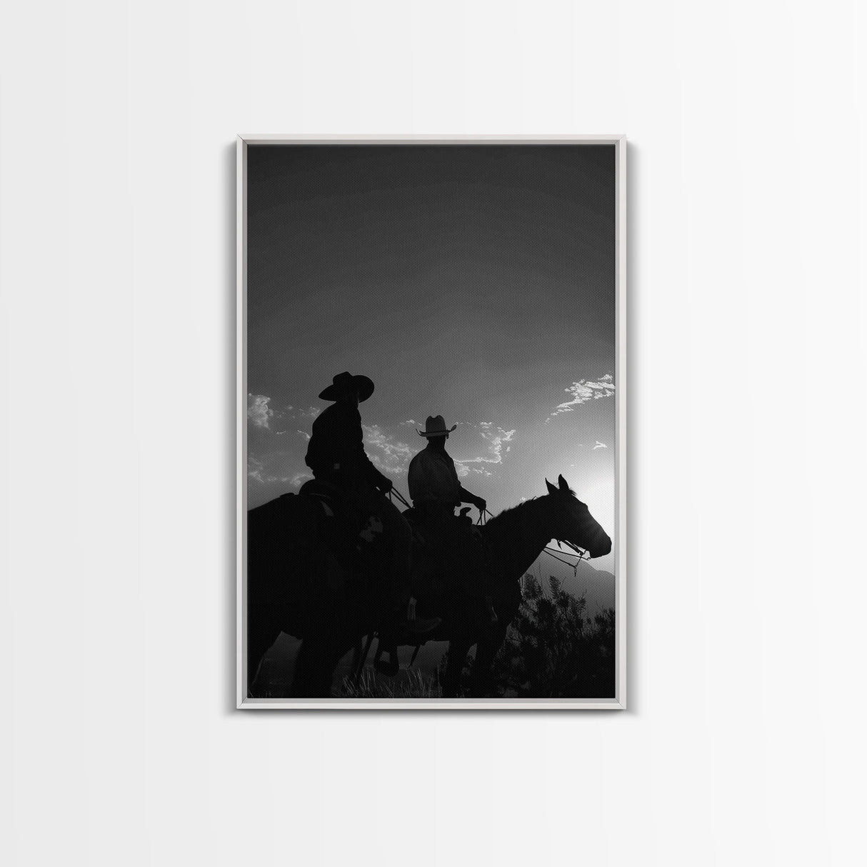 Two Cowboys Riding at Sunset in a Serene Black and White Western Landscape for Wall Art, Canvas Prints, Home Decor, Living Room Art