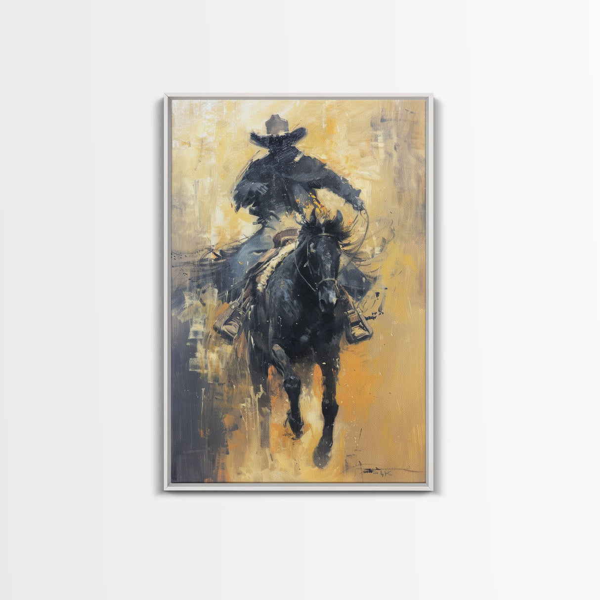 Dynamic Cowboy on Horseback Framed Canvas Print - Energetic Western Decor, Action Wall Art for Living Room, Bedroom
