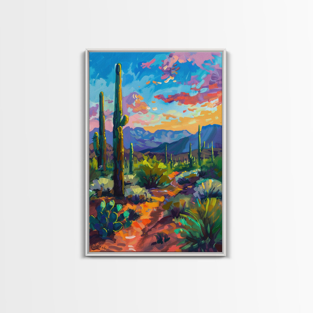 Framed Canvas Print, Cactus and Desert Path Wall Art, Vibrant Southwest Landscape for Living Room or Bedroom, Nature Art Poster Piece