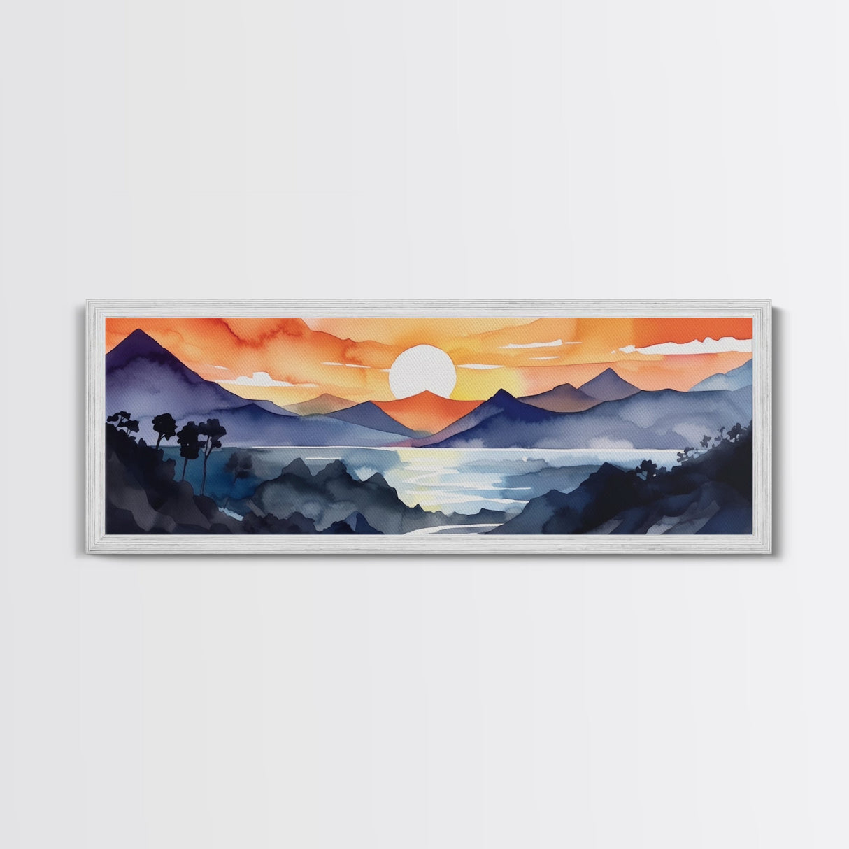 Midcentury Modern Watercolor Painting of a Mountain Sunset, Large Canvas Print, Mountain Artwork, Guest Room Art, Mountain Print, Panoramic