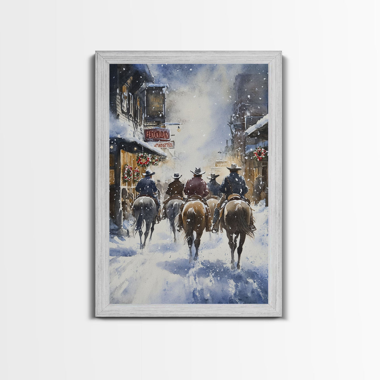Cowboys Riding Into Town On Christmas, Western Christmas Decor, Framed Canvas Print, Christmas Outdoor Decor, Christmas poster
