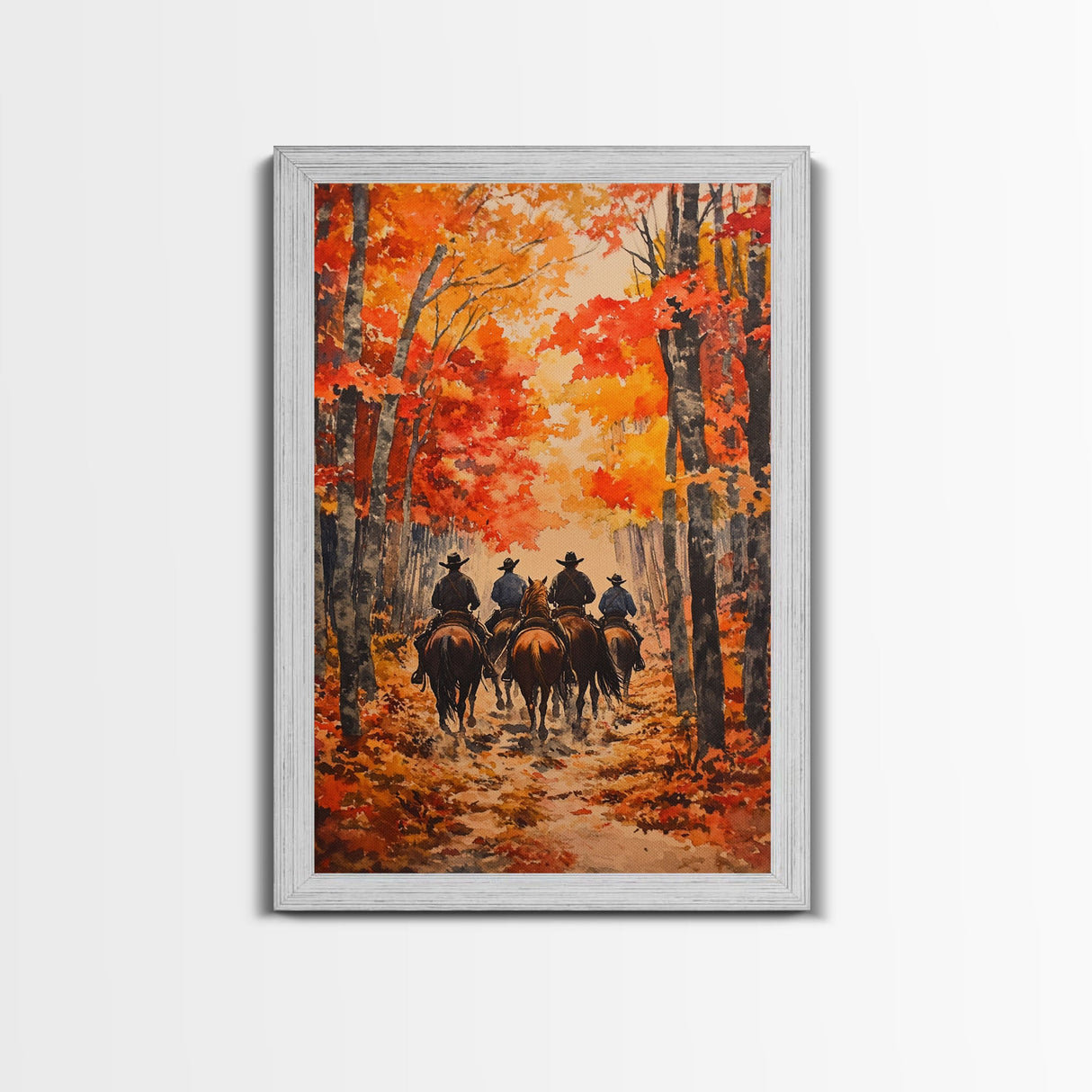 Cowboys Riding Into Town On Thanksgiving, Western Fall Decor, Framed Canvas Print, Autumn Outdoor Decor, Christmas poster