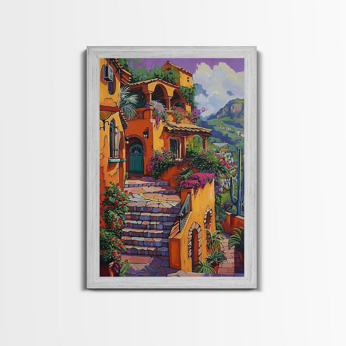 Framed Canvas Print Tall Art Mexican Style Scenic Steps Lined With Colorful Flowers And Architecture