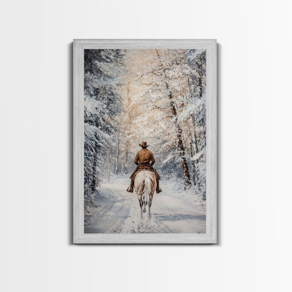 Cowboy by Window with Coffee Framed Canvas Print - Cozy Christmas Wall Art 2024 Rustic Holiday Decor and Gift Idea
