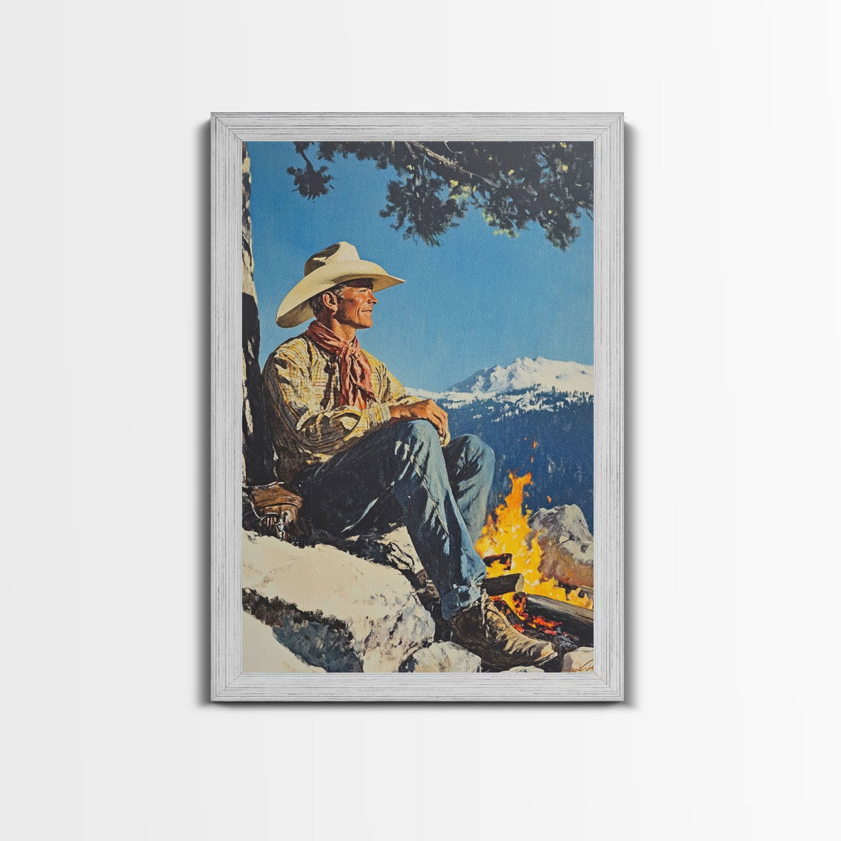 Cowboy Resting by the Fire Canvas Print, Winter Mountain Scene, Seasonal Wall Art, Rustic Western Decor, Holiday Gift, Framed Canvas Print