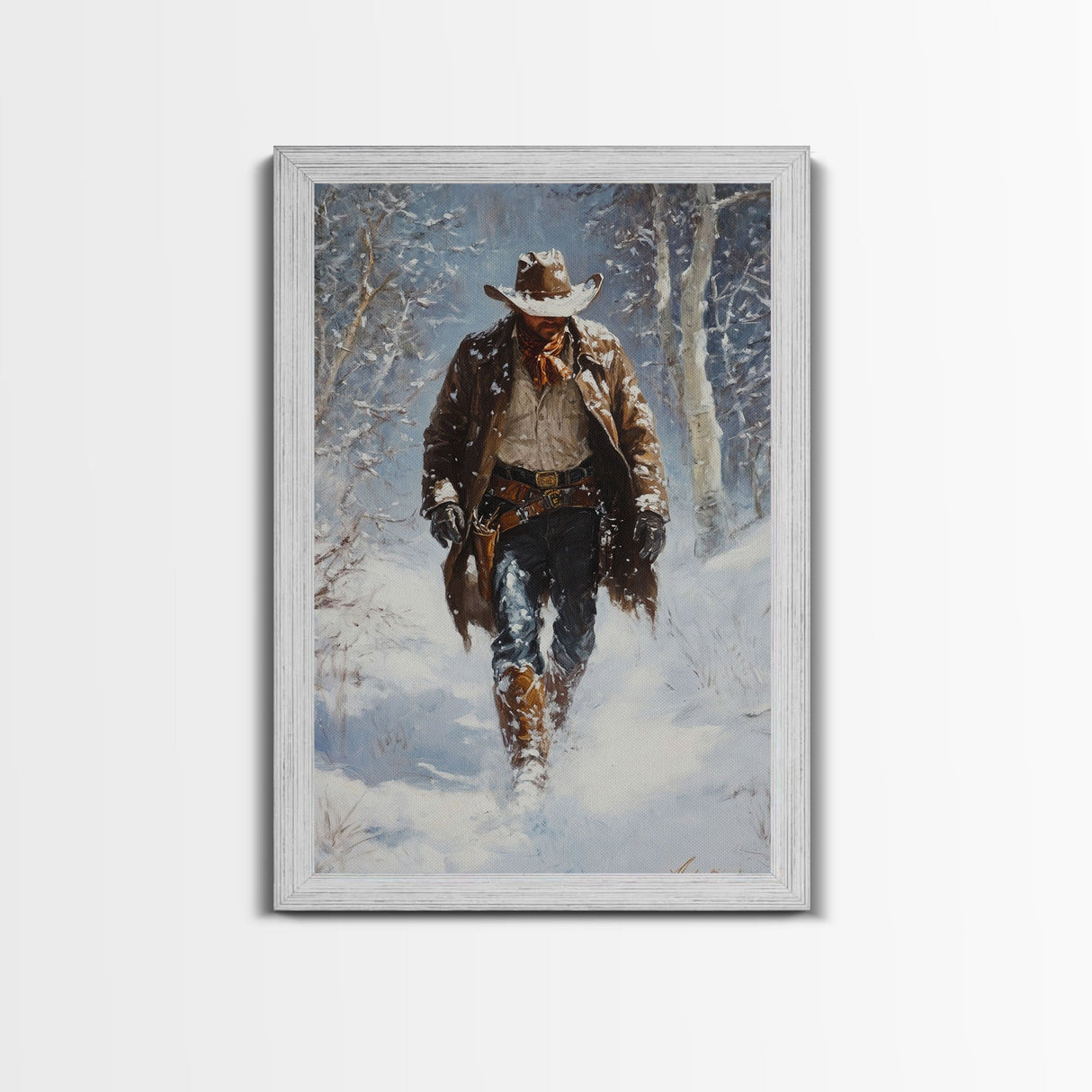 Cowboy Riding Horse in Snowy Forest Canvas Print, Winter Wall Art, Western, Rustic Christmas Wall Art, Seasonal Holiday Decor, Canvas Print